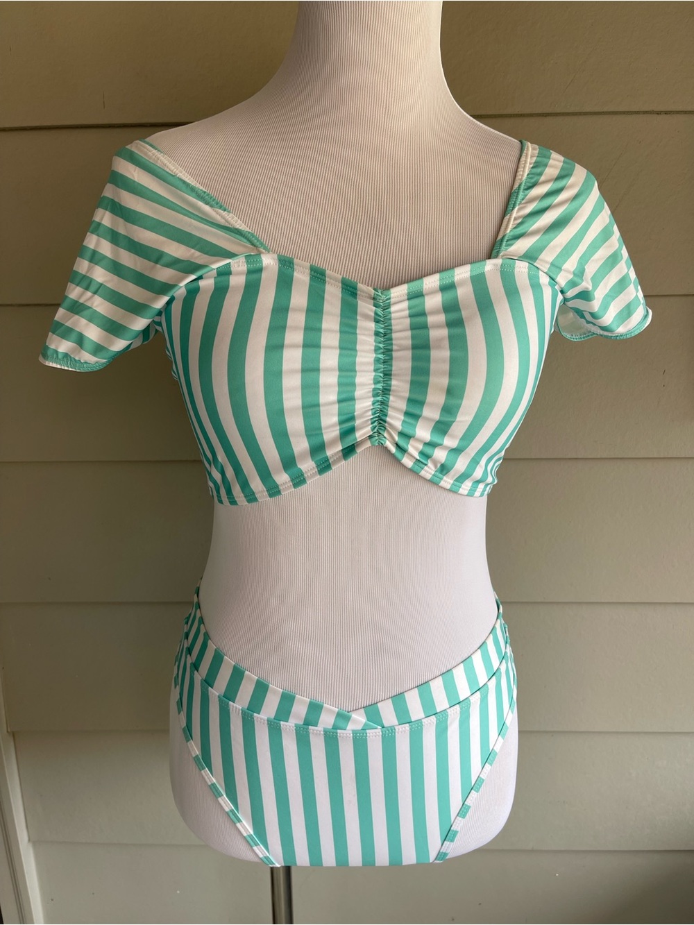Kenny Flowers Mint & White Striped Off-Shoulder Bikini Set